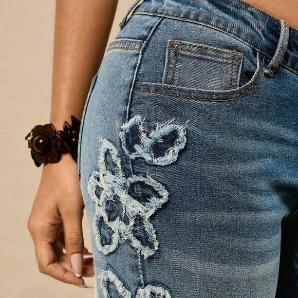 Blue Casual Women's Distressed Low Waist Floral Flare Leg Jeans w/Rhinestones - Picture 6 of 6